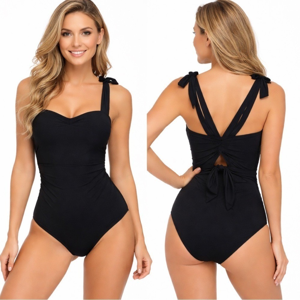 BECCA NWT Black One Piece Swimsuit Tummy Control Tie Back Women's Plus Size 1X